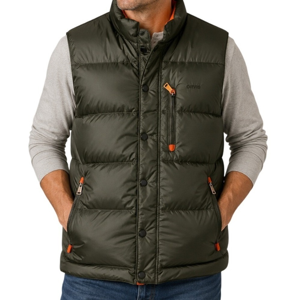 Orvis Forest Green Orange Puffer Vest Men's Large